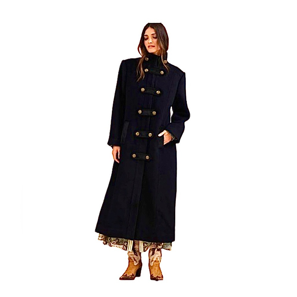 Vintage 90s Wool Cashmere Velvet Blend Military Coat Navy Blue 3/4 Long 10/12 L